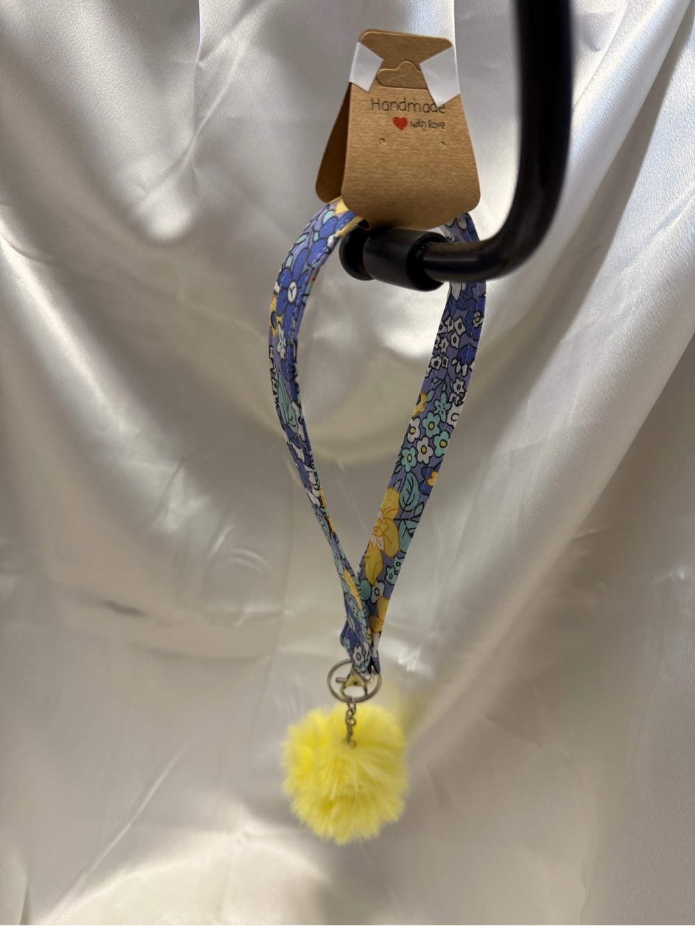 Handmade Blue and Yellow Floral Wristlet Keychain with Yellow Pompom